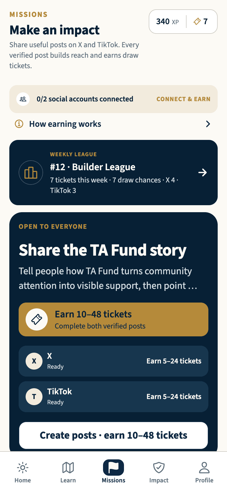 TA Fund community missions with XP, draw-entry count, and weekly league position