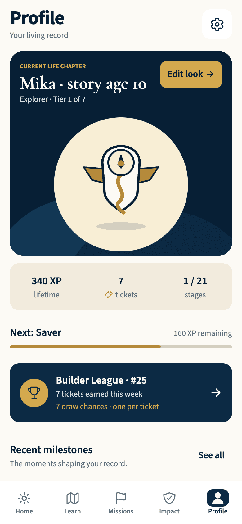 TA Fund profile showing 340 lifetime XP, seven draw tickets, and illustrative league rank 25