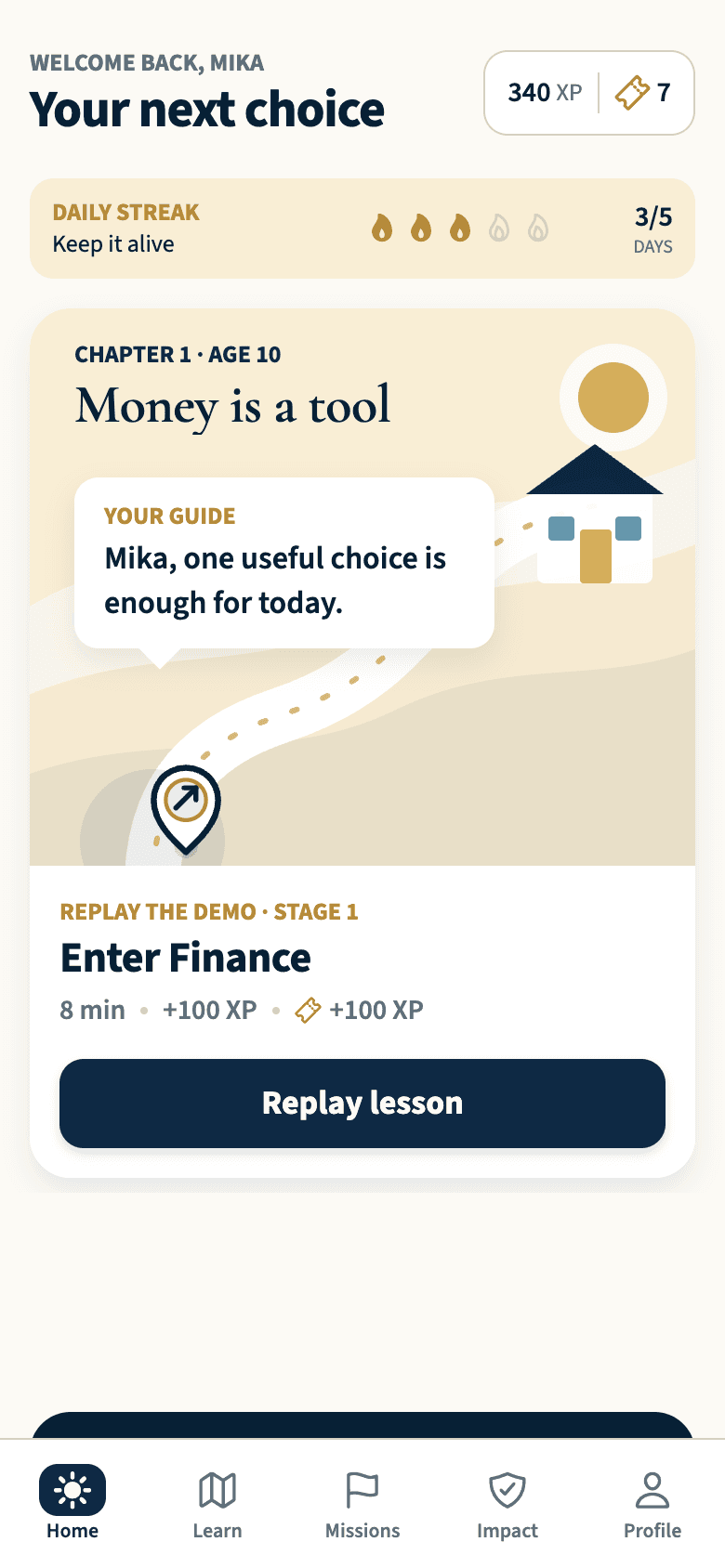 TA Fund app home with 340 XP, seven draw tickets, and a three-day learning streak